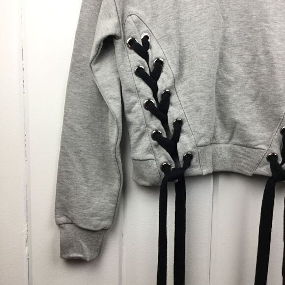 Storets Gray Sweatshirt Cropped Top Black Lace-Up Side, Size - Small - Picture 3 of 9